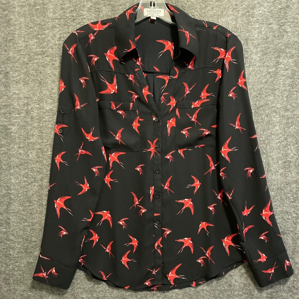 Express The Portofino Shirt Womens‎ S Red Bird Print Slim Roll Tab Office Career
